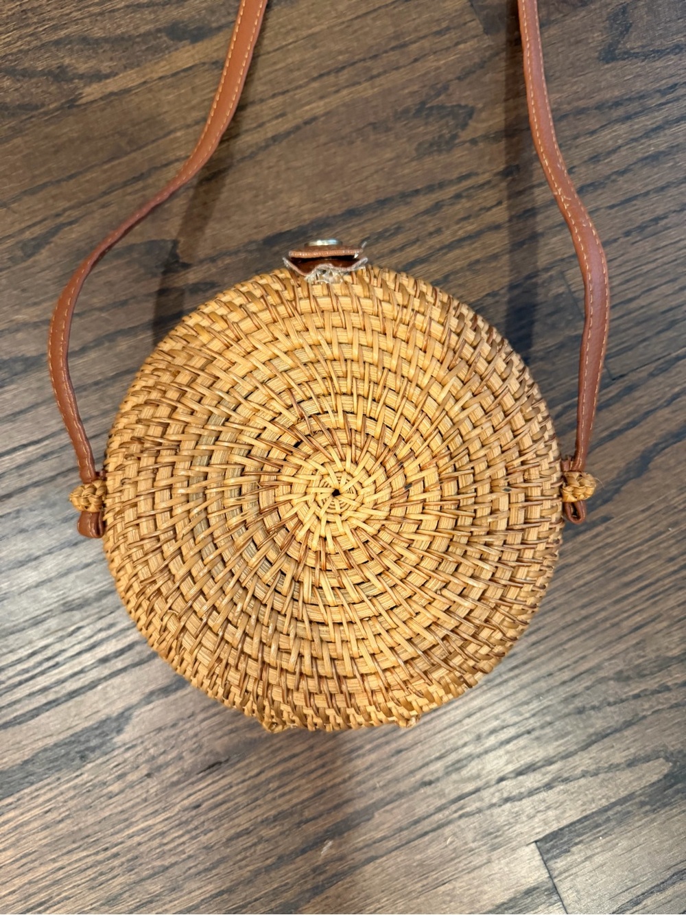 Round Woven Crossbody Bag with Brown Leather Strap